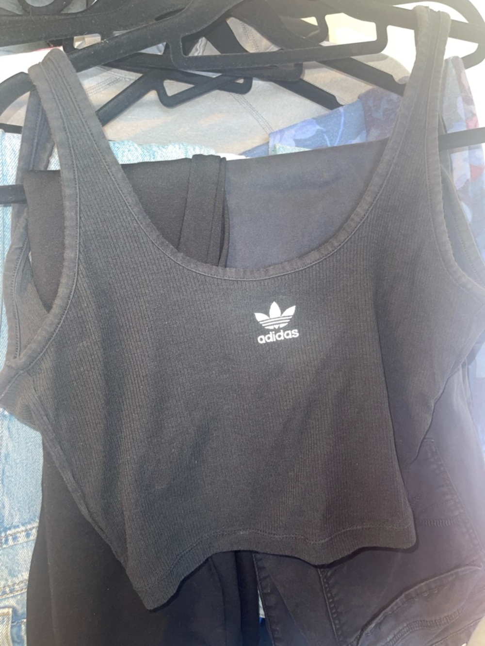 adidas Black Ribbed Cropped Tank - Trefoil Logo